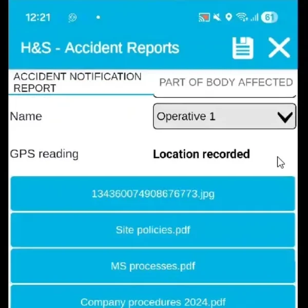 Autodesk documents attached to an accident report form in the BORIS app