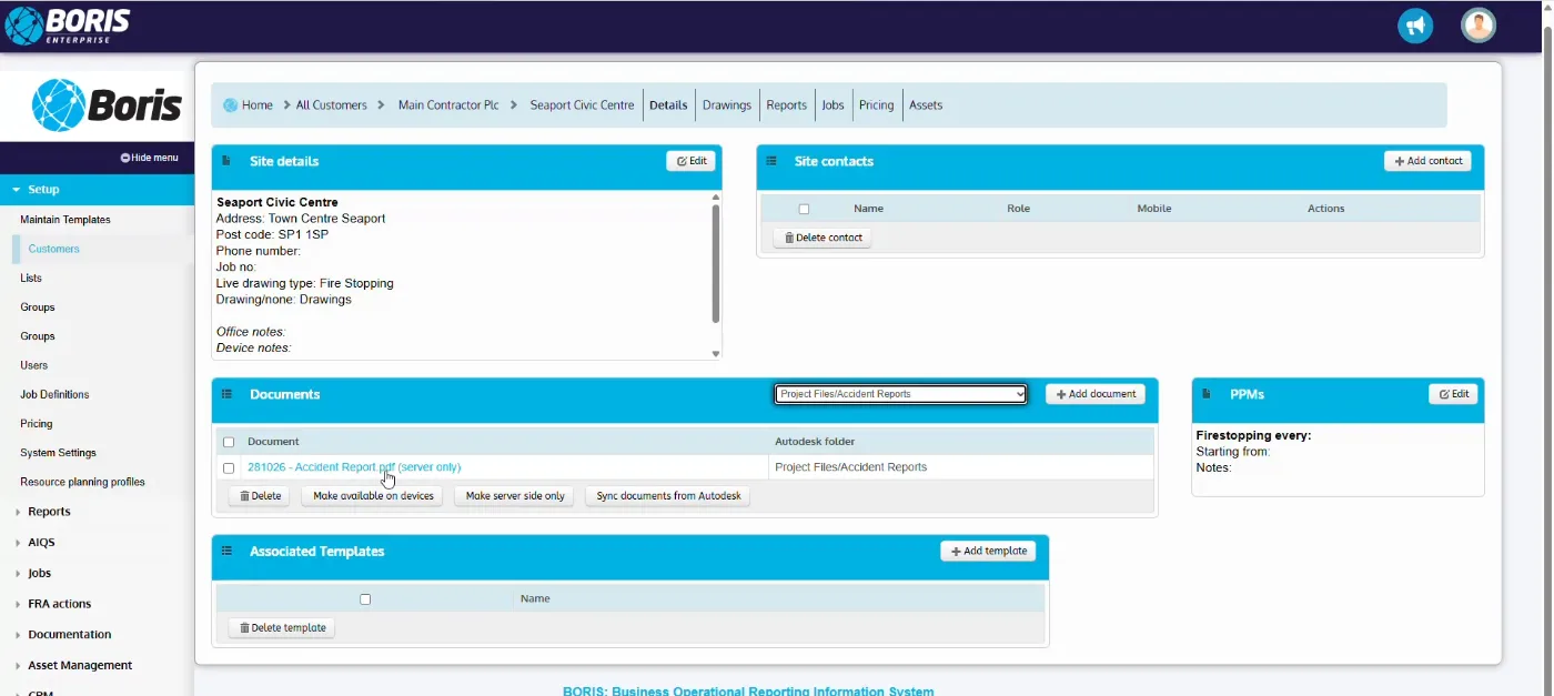 BORIS site documents filtered by Autodesk Construction Cloud folder